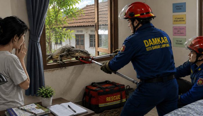 Damkar Bandar Lampung Evakuasi Biawak yang Masuk Jendela Rumah Mahasiswi
